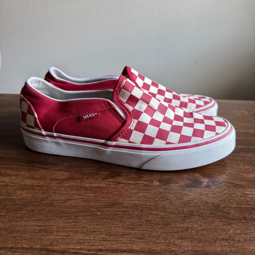 Vans Checkerboard Slip On Red White Canvas Skate Shoes Womens 7